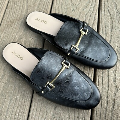 Aldo Terri Black Loafer Mules Size 8.5 Gold-Tone Horsebit  display picture 3