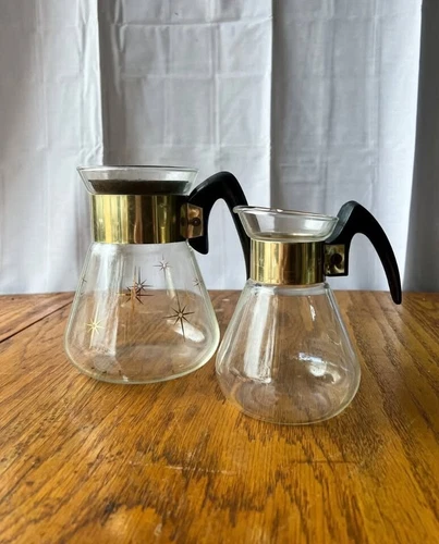 Vintage Corning Ware Pyrex Glass & Gold Starburst Coffee/Tea Carafe w/ 2 Cup Pot