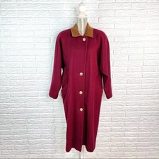 Vintage Jofeld Long Wool Coat Overcoat Burgundy Tan Suede Collar Size Large