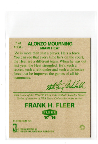 1997-98 Fleer Goudey Greats Alonzo Mourning #7GG Miami Heat - Hornets NBA Legend - Picture 2 of 2