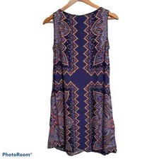 J JILL Paisley Sleeveless Shift Dress XS Midi Pockets Blue Oversized