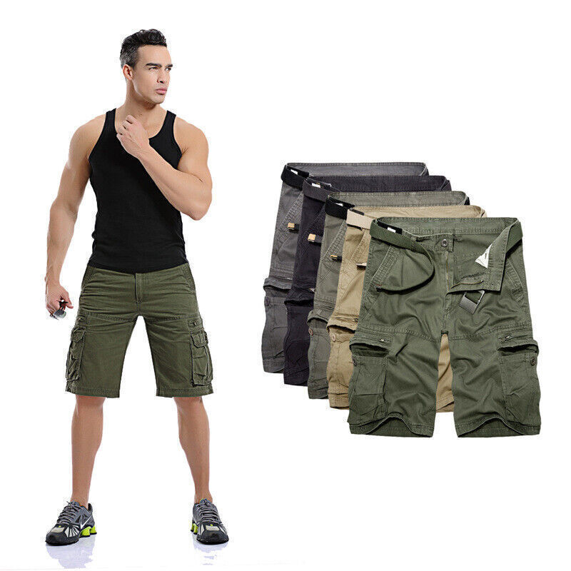 Mens Cargo Combat Shorts Cotton Chino Twill Knee Length Half Pants Multi Pockets