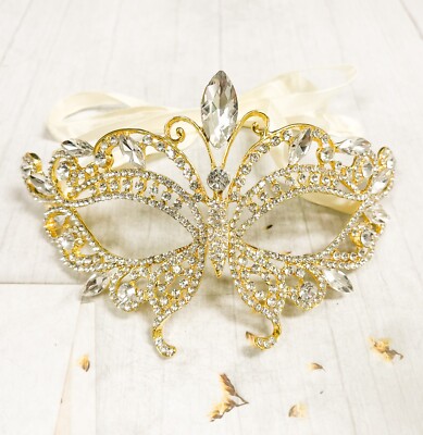 14K Gold Masquerade Mask, Wedding Mask, Butterfly Crystal Mask, Mardi Gras Mask