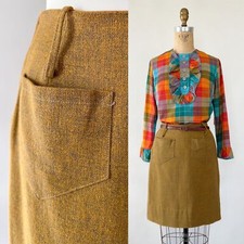 VTG 60s Golden Brown Wool High Waisted Pencil Skirt Front Pockets XS S Waist 25