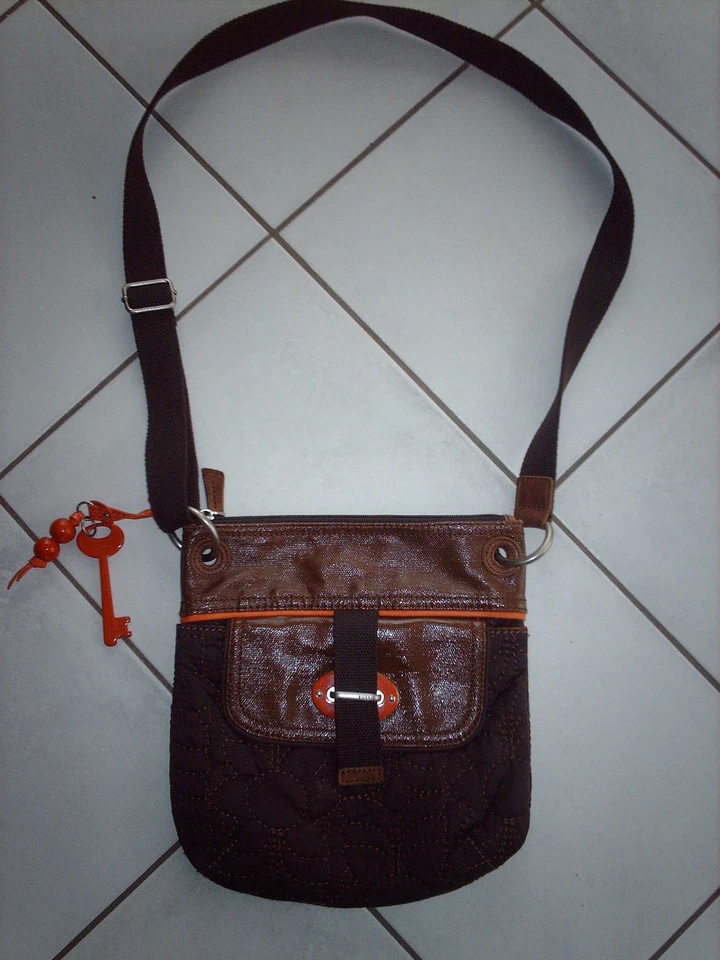 Sac bandoulière FOSSIL tissu/cuir verni marron orange - Photo 2/2