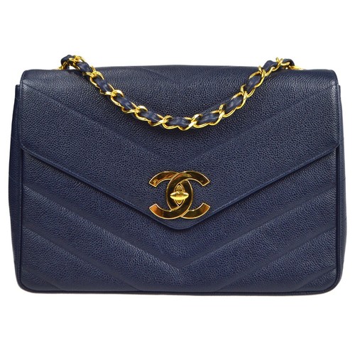Chanel Navy Calfskin Chevron Jumbo Chain Shoulder Bag 96824