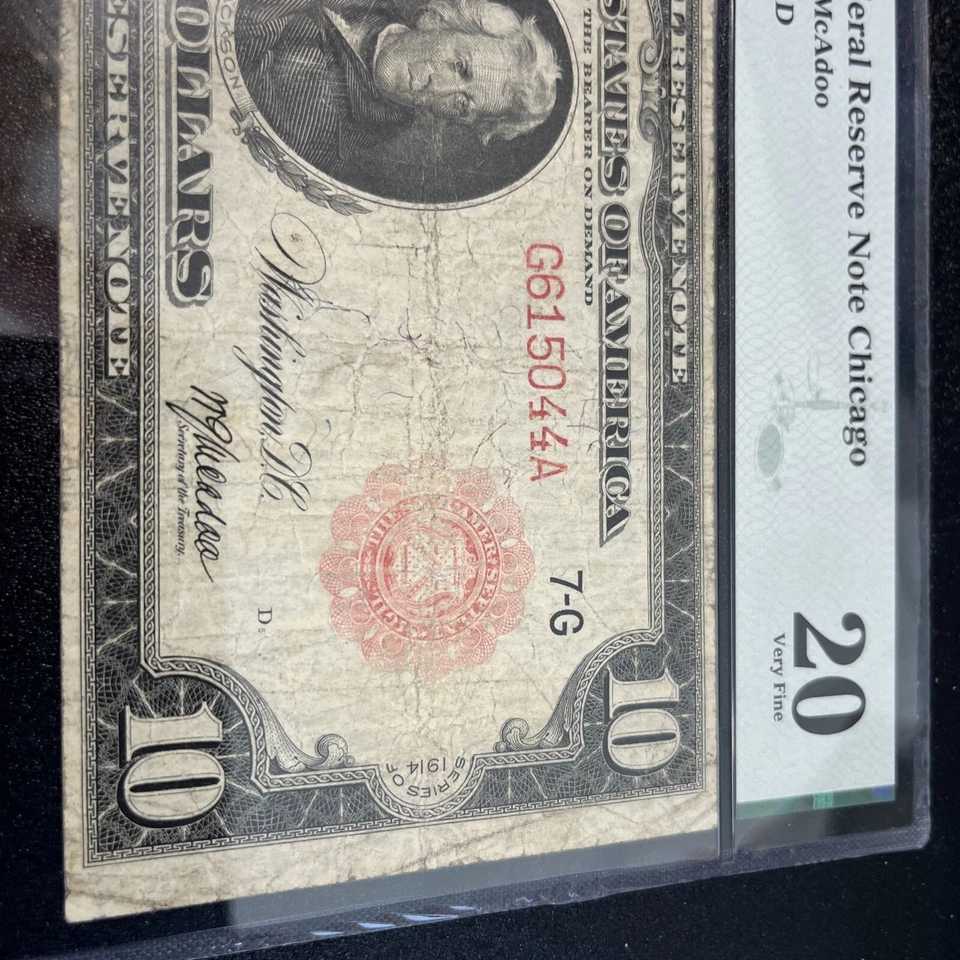 1914 $10 Federal Reserve Note  Chicago Red Seal Note FR 898a PMG 20 - Image 3 of 4