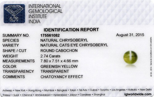 IGI Certificado SRI LANKA Chrysoberyl Ojo de Gato 2.74 Cts Redondo Natural No Tratado - Imagen 2 de 2