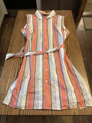 Tommy Hilfiger Linen Blend Striped Shirt Dress Belted Sleeveless Size 12 |  eBay