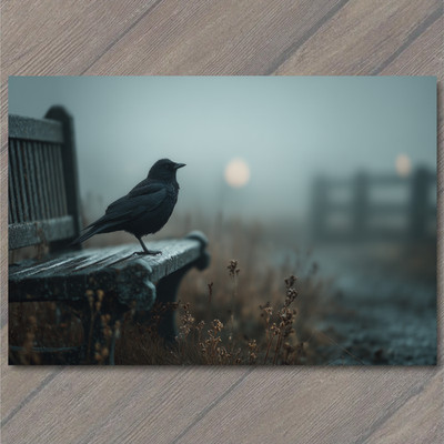 Art Print Crow Foggy Bench Gloomy Mist Sunrise Bird Alone Moody Dark Park Fence