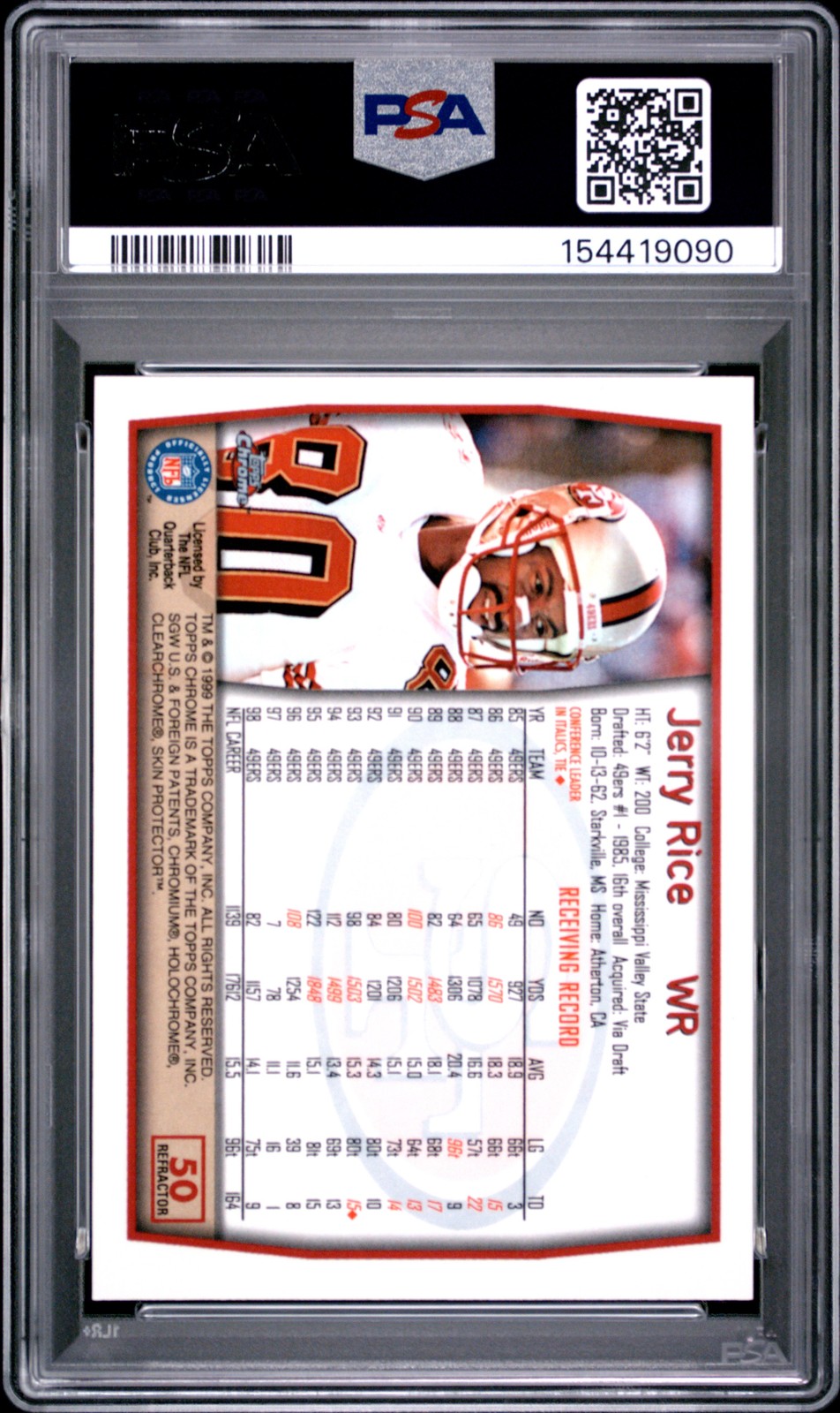 1999 TOPPS CHROME REFRACTOR #50 JERRY RICE PSA 9 view 2