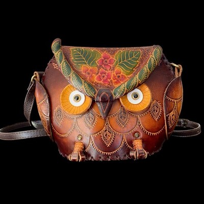 Owl Crossbody Tooled Vegan Leather Handmade 3D Purse Bag Embossed Small Handbag