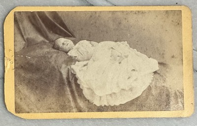 Post Mortem CDV Photo Baby On Draped Sofa - Plymouth Ohio Thanatos Archive