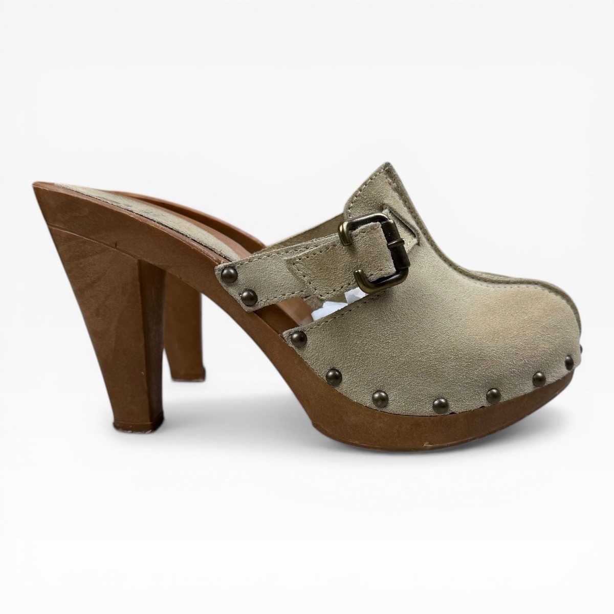 Y2K Platform Wooden Heels Mules Light Beige Suede Leather Studded