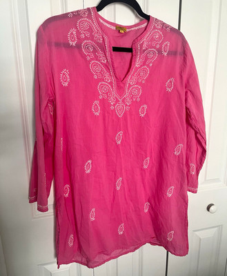 Roberta Roller Rabbit Women's L Pink White Paisley V-Neck Long Sleeve Tunic