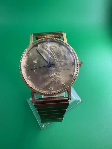 Men’s Liberty Coin Quartz Gold Tone Watch With SS bracelet Band