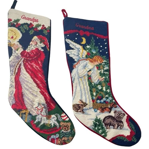 Pair Lands End Wool Needlepoint Christmas Stockings Monogrammed Grandma Grandpa