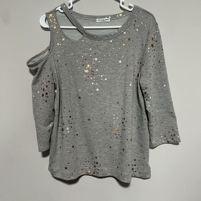 Cha Cha Vente Womens Size Medium Cold Shoulder Long Sleeve Cut out Shirt Stars