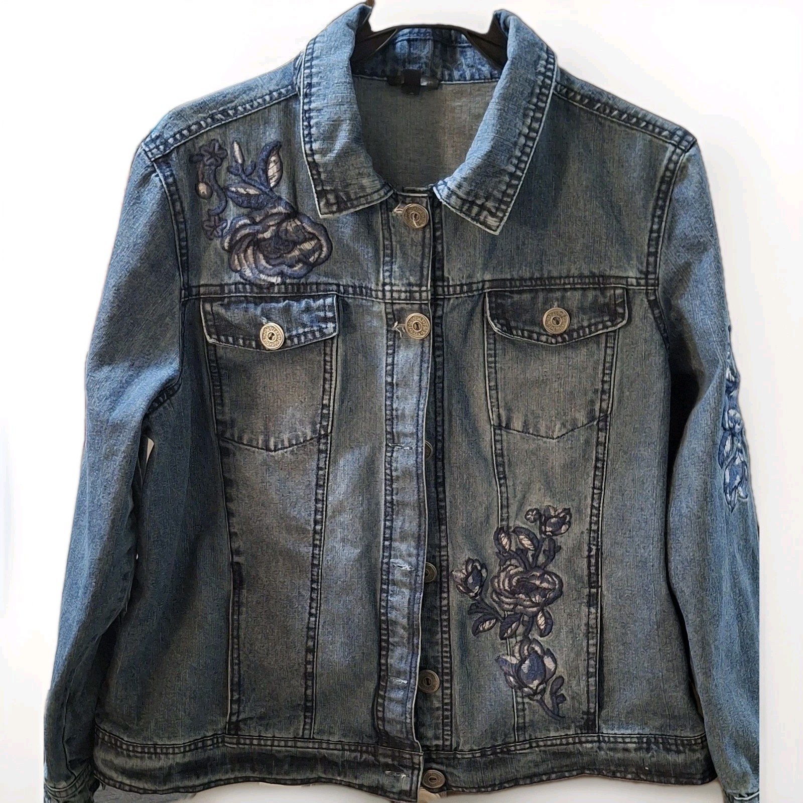 HANNAH Women's Classic Size XL Floral Embroidered Denim Jacket Vintage