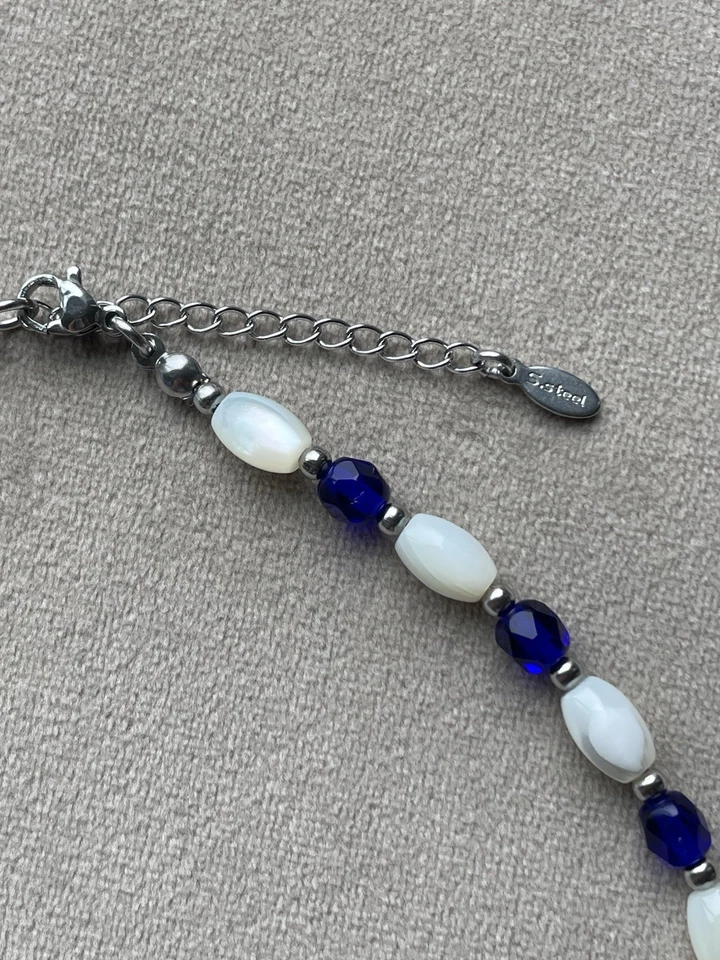 "Collar gargantilla de vidrio azul cobalto MADRE DE PERLAS CUENTAS DE ARROZ 17"" acero inoxidable" Foto 2 de 4