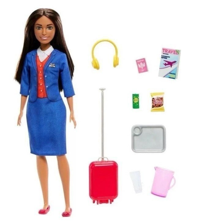 Barbie Flight Attendant Brunette Fashion Doll in Removable Blue Uniform,...
