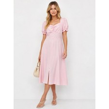 Belle Poque Retro Midi Dress Large Pink Puff Sleeve Smocked Sweetheart Neck