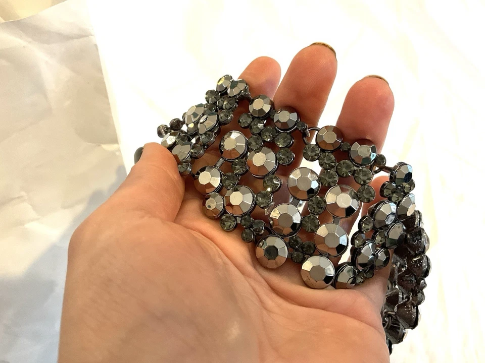 Black Gunmetal Rhinestone Faceted Collar Necklace Choker Statement Stone Edgy - Image 4 of 4