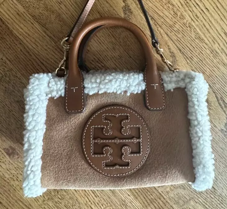 Tory Burch Shearling Trim Crossbody Bag Logo Mini Handbag Leather