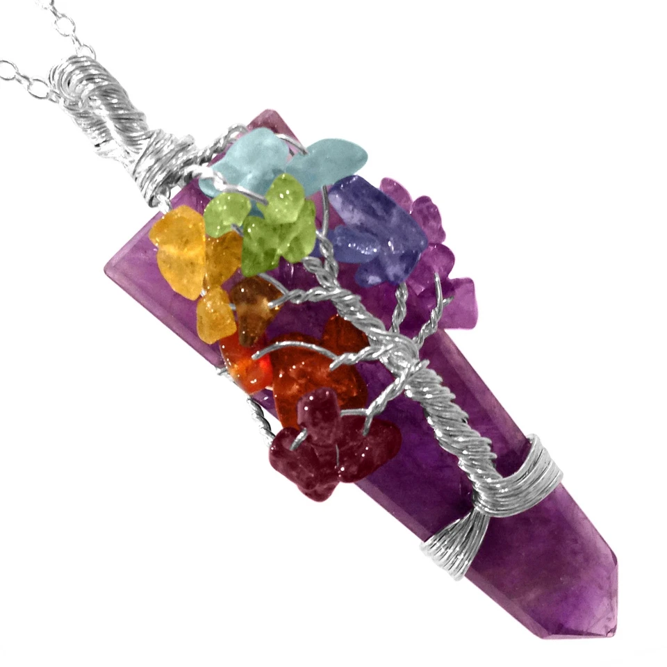 Collar de piedras preciosas envolvente de alambre de plata colgante chakra árbol de la vida cristal amatista Foto 2 de 4