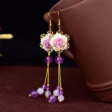 Purple Jade Flower Earrings Gemstone Chinese 925 Silver Natural Women Jewelry