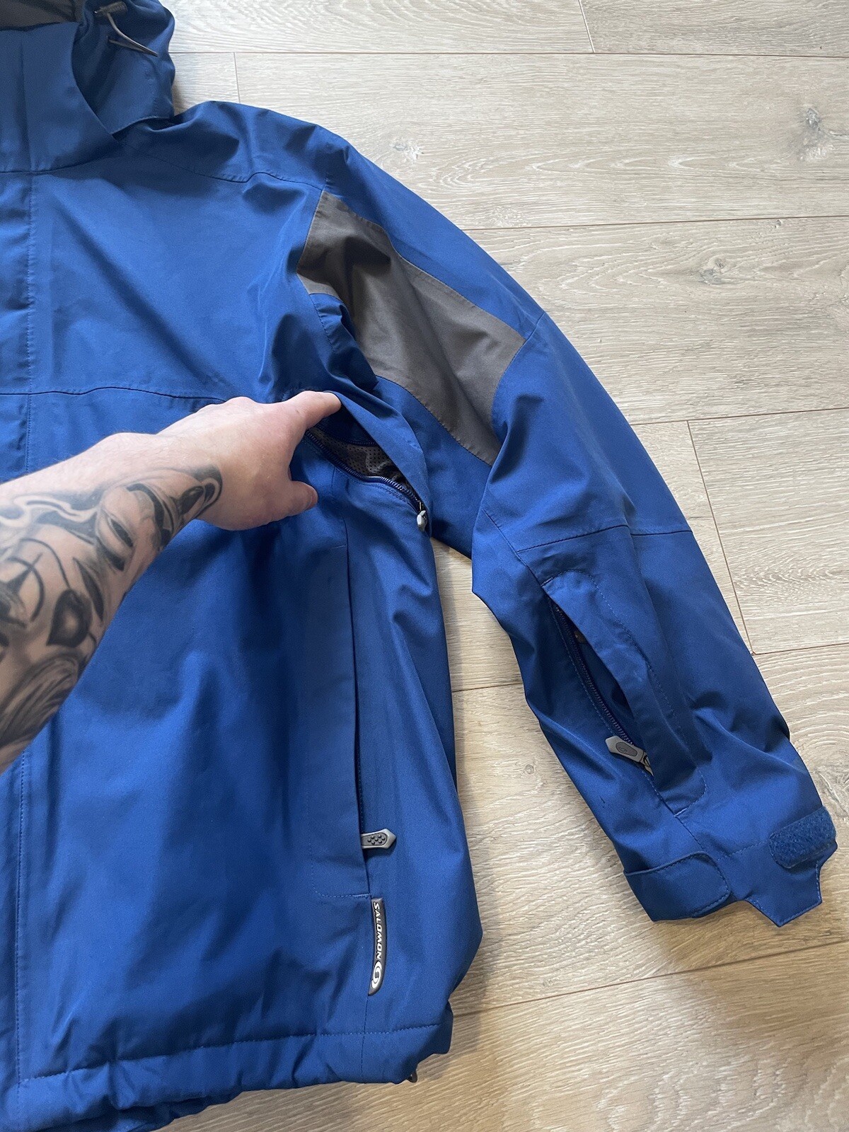 Giacca da sci grande Salomon Goretex blu e grigia bicolore