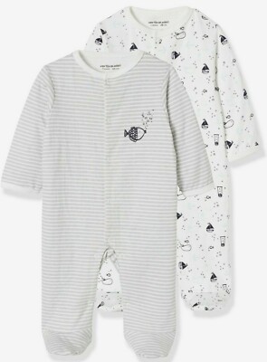 Pack of 2 Baby Boy Cotton Sleepsuits, 0-3 months - New