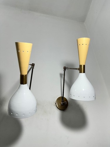 Beige Brass Wall Sconce Mid Century 1950's Italian Stilnovo Sconce Lights - Picture 3 of 9