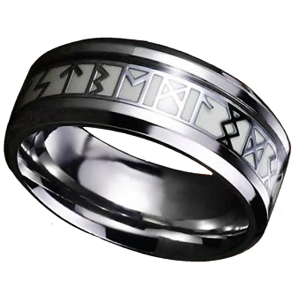 Anillo runa celta que brilla en la oscuridad plata acero inoxidable banda vikinga druida nórdica Foto 2 de 4