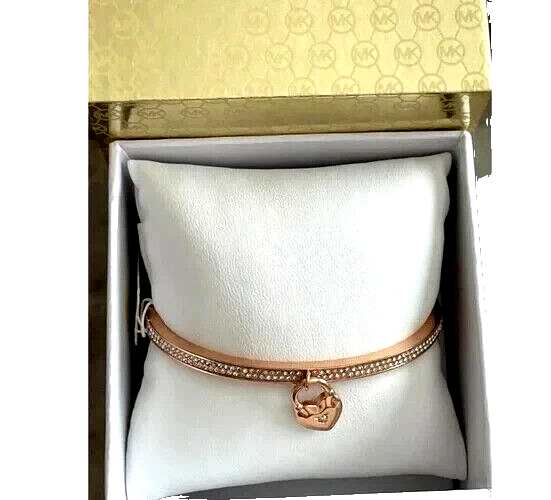 Michael Kors Rose Gold Bangle Bracelet Heart Padlock Charm Crystals +MK  Gift Box