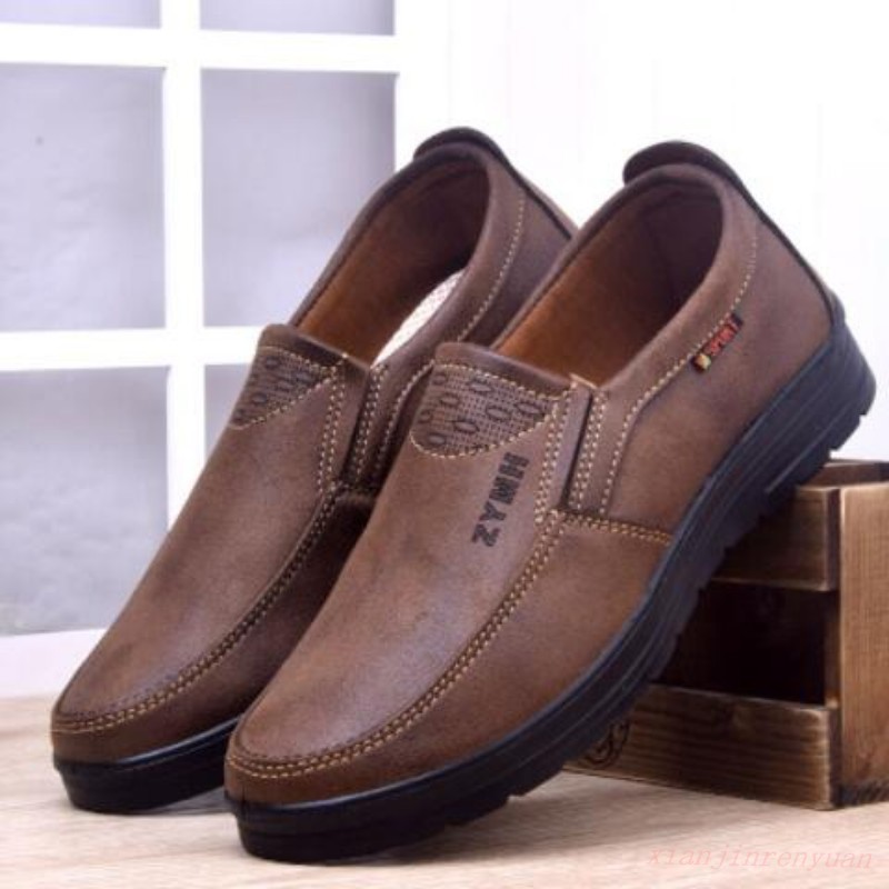 Mens PU leather shoes casual home slipon loafers round toe soft sole
