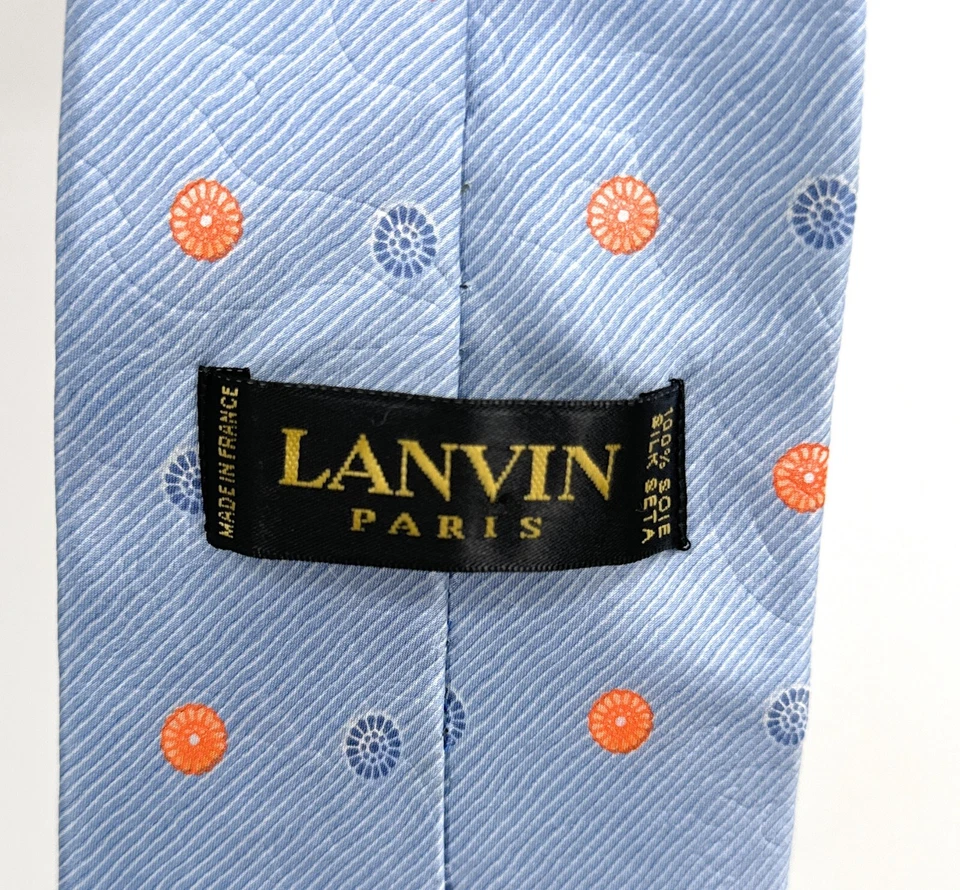 Corbata Lanvin Paris Hombre 3.75 Azul Seda Lunares Lujosa Hecha en Francia Foto 3 de 4