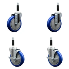 5 Inch SS Blue Poly Wheel Swivel 7/8 Inch Expanding Stem Caster Set 2 Brakes SCC