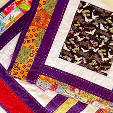 Handmade Novelty Print Cotton Patchwork Quilt Signed Mostly Purple