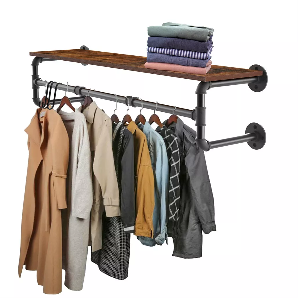 Heavy Duty Clothing Rack Wall Mounted with Wood Shelf Solid