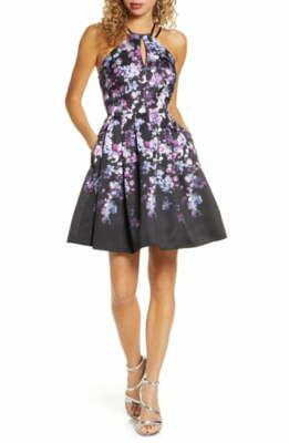 NEW MORGAN CO Mikado Floral Fit Flare DRESS SIZE $139 BLACK PINK  NORDSTROM