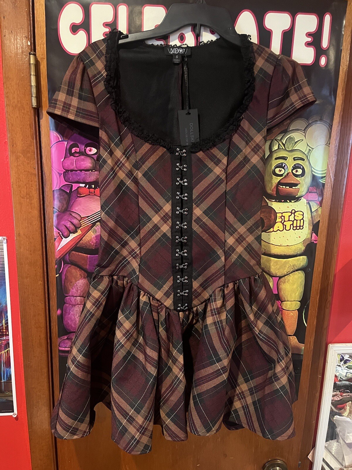 Goth Punk Mini Dress Burgundy Plaid Corset by Dolls Kill NWT
