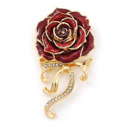 Burgunderrote Emaille Rose mit Kristallschleife in Vergoldung - 65 mm Länge