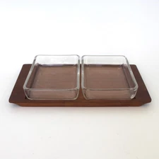 Mid Century KAJ POLK  Denmark Teak Snack or Condiment Glass Dishes Tray Chip Nut