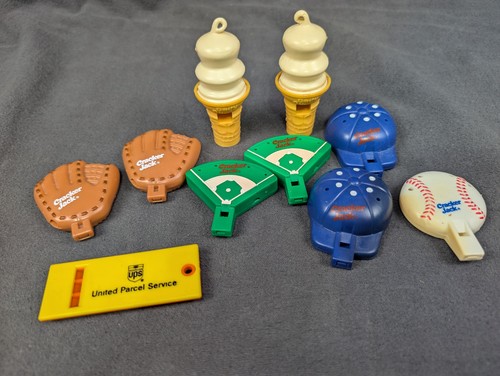 Lot of 9 Vintage Cracker Jack Premium Prizes - Baseball Whistles, Gloves, Hats,