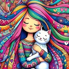 Whimsical Rainbow Girl  Cat Diamond Art Kit, Full Round Drill Diamond Painting