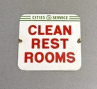 VINTAGE CLEAN RESTROOMS STATION PORCELAIN SIGN CAR GAS TRUCK OIL MOTORCYCLE