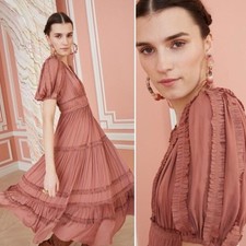 Ulla Johnson Ines Satin Pleated Copper Pink Ruffle Puff Sleeve Midi Size 8