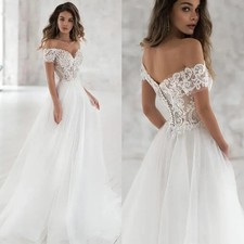 Boho A Line Wedding Dresses Off Shoulder Short Sleeves Lace Applique Bridal Gown