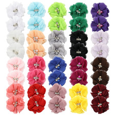 40 Pcs Chiffon Flower Hair Clips 2" with Rhinestones Pearls Kids Hair Bows
